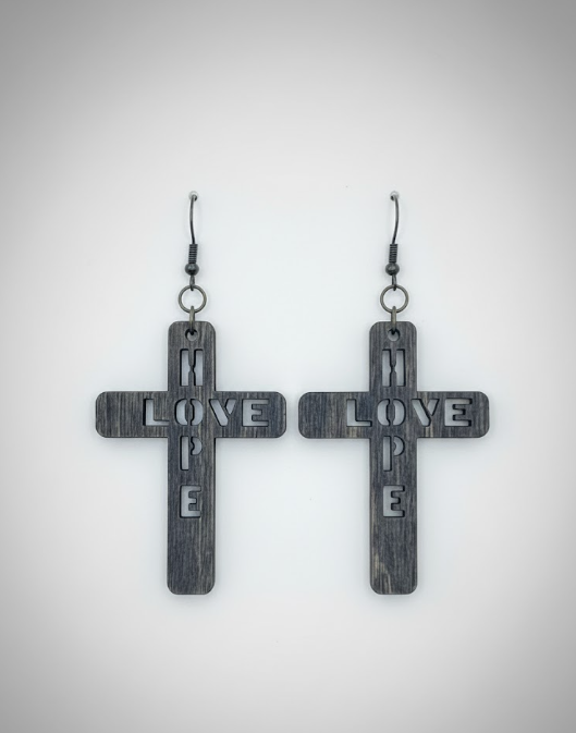 Faith, Hope & Love Earrings by Whittled Grace Gifts — wooden cross earrings with carved “HOPE” and “LOVE” lettering, inspired by 1 Corinthians 13:13.