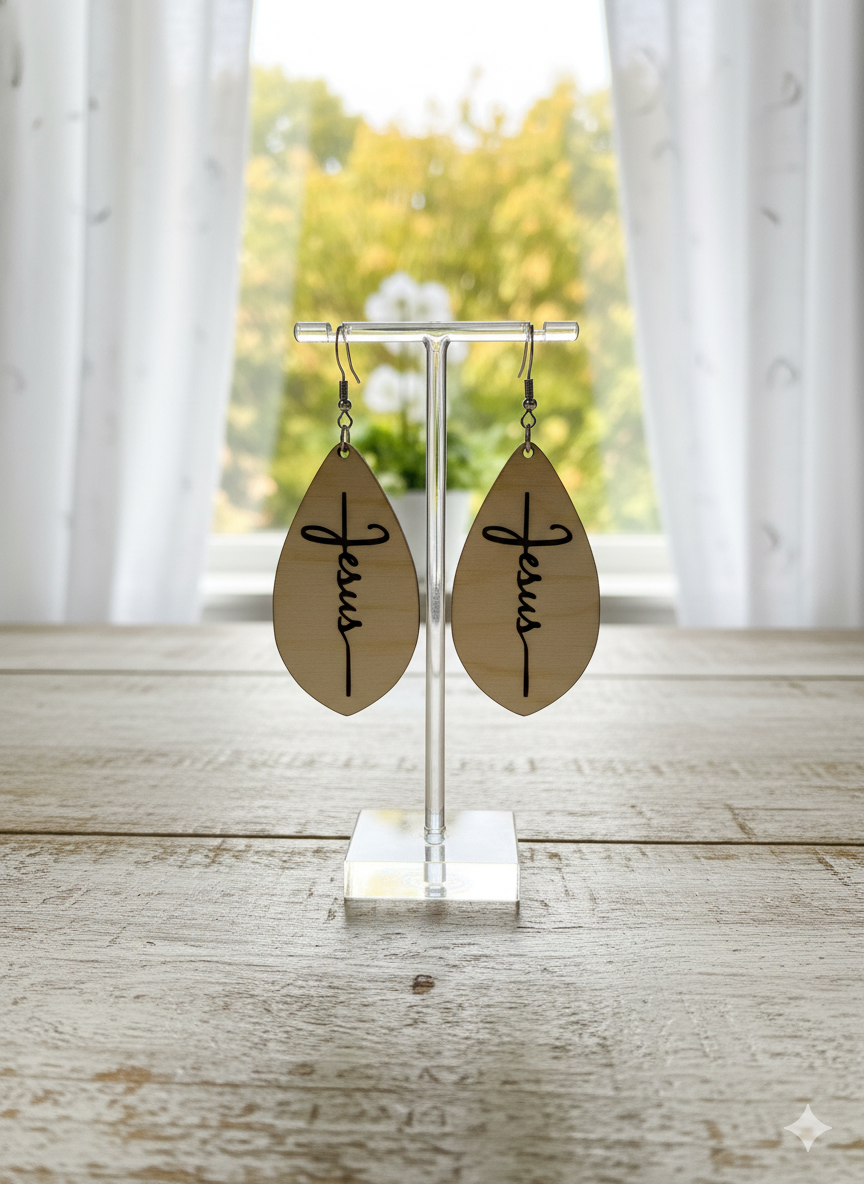 Jesus is Enough Earrings featuring natural wood teardrop design with “Jesus” script – Whittled Grace Gifts