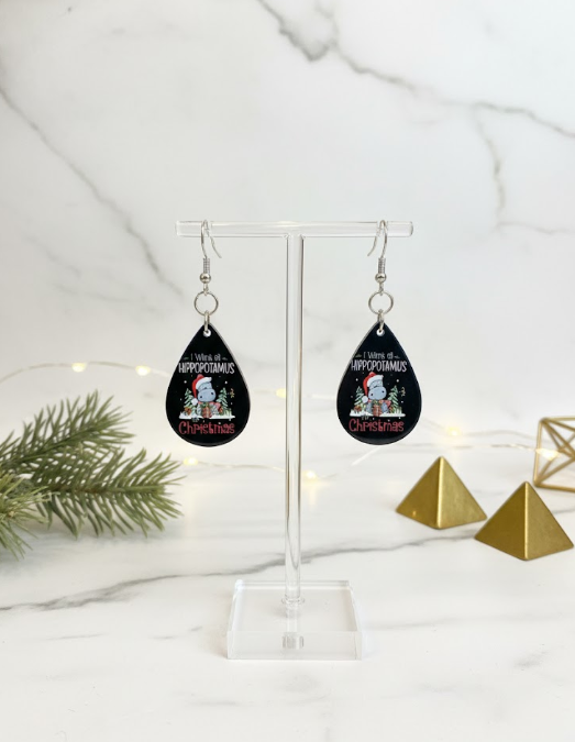 Hippos of Joy Earrings featuring Christmas hippo design and Luke 2:10 Bible verse – Whittled Grace Gifts