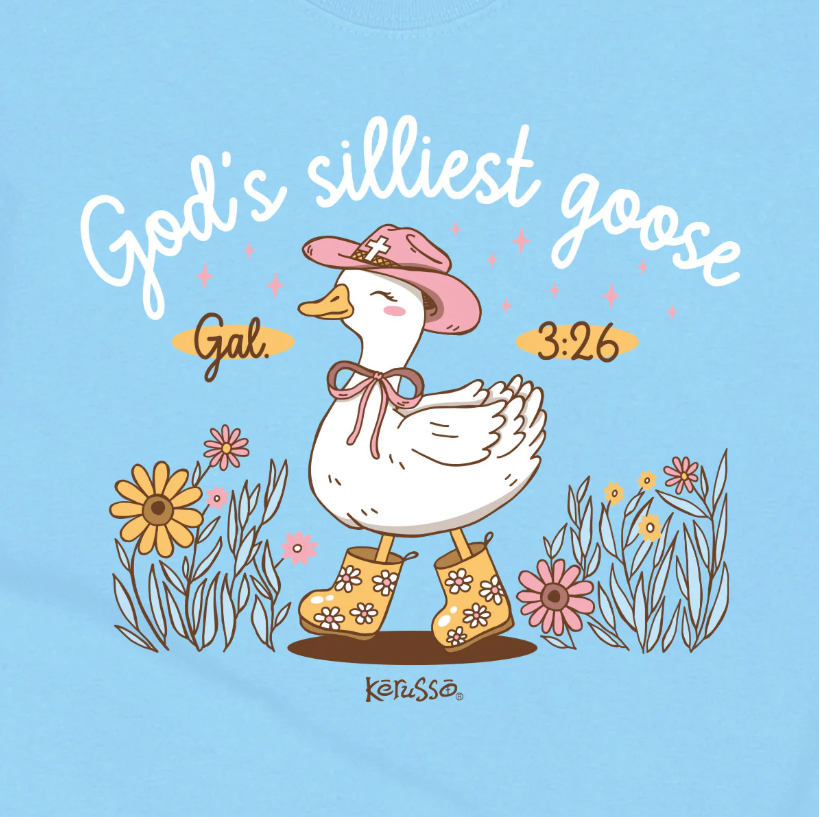 Light blue youth Christian T-shirt with Silly Goose cartoon design inspired by Galatians 3:26