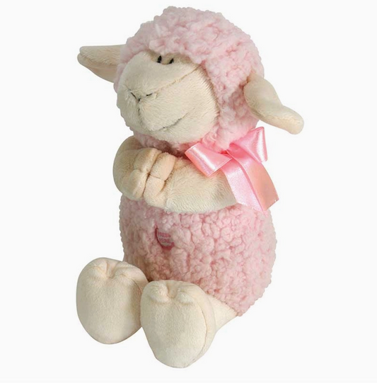 Pink praying lamb plush toy that plays Jesus Loves Me Christian baby gift