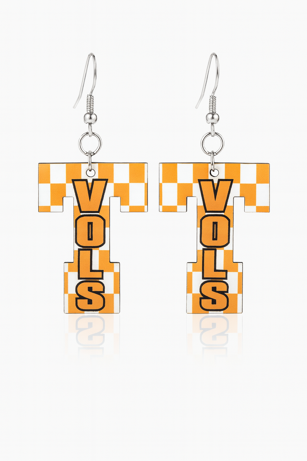 “Orange and white checker T-shape earrings with nickel-free hooks on white background”