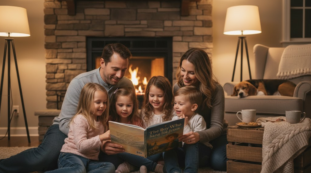 Family reading The Boy Who Sang for Jesus together – faith-based children’s book