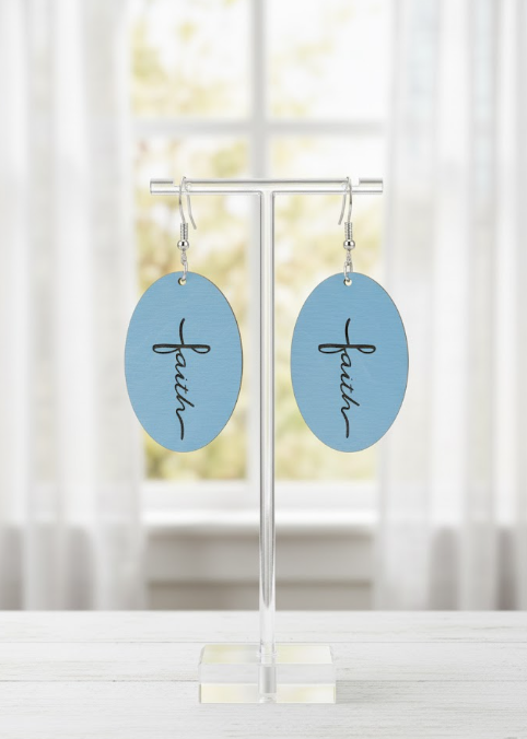 Walk by Faith Earrings featuring light blue circular design with Scripture 2 Corinthians 5:7 – Whittled Grace Gifts