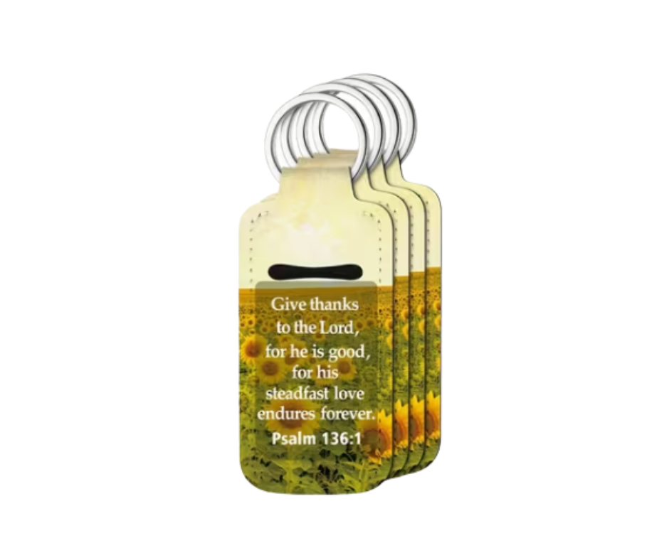 Christian ChapStick Holder Keychain with Bible Verse Psalm 136:1 – Give thanks to the Lord, mountain scenery background.