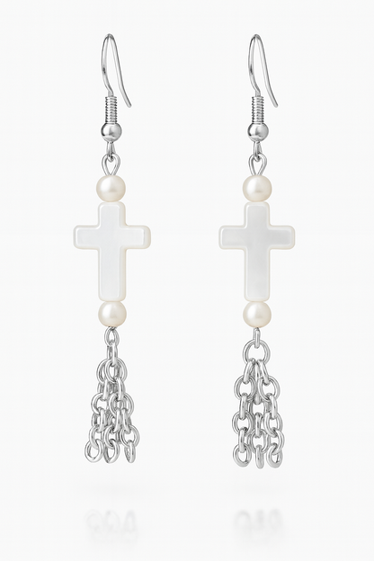 Faith-inspired Broken Chain Earrings featuring white cross and pearl accents with silver chain dangles — symbolizing freedom and grace through Christ.