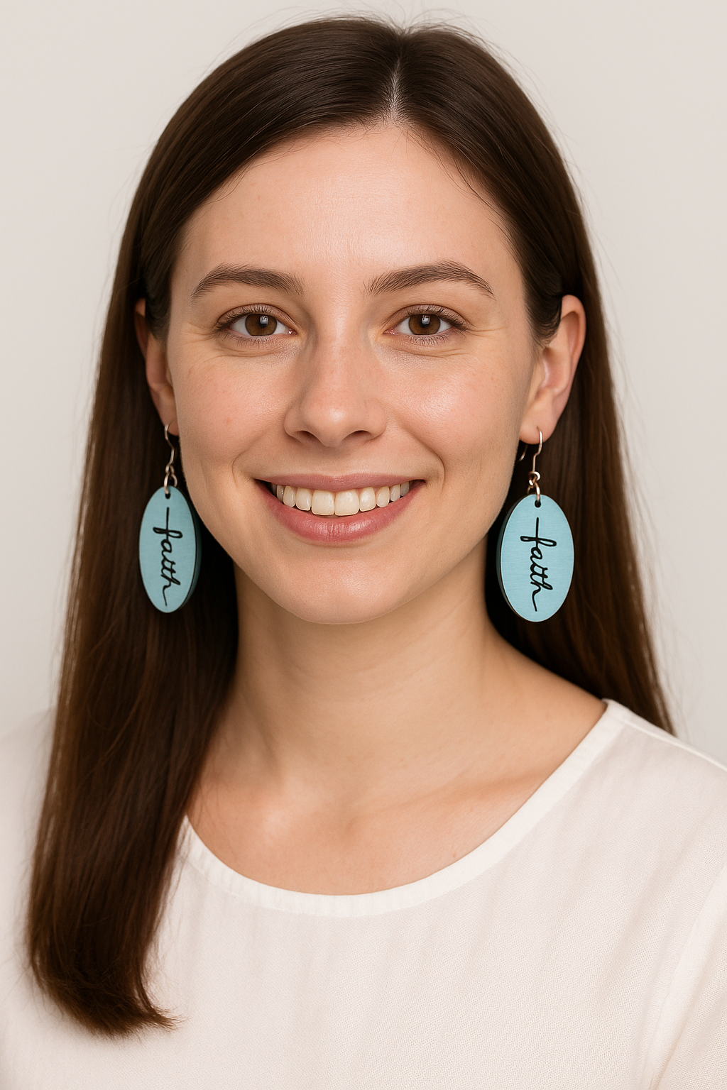 Christian Walk by Faith Earrings in sky blue with “faith” script text inspired by 2 Corinthians 5:7