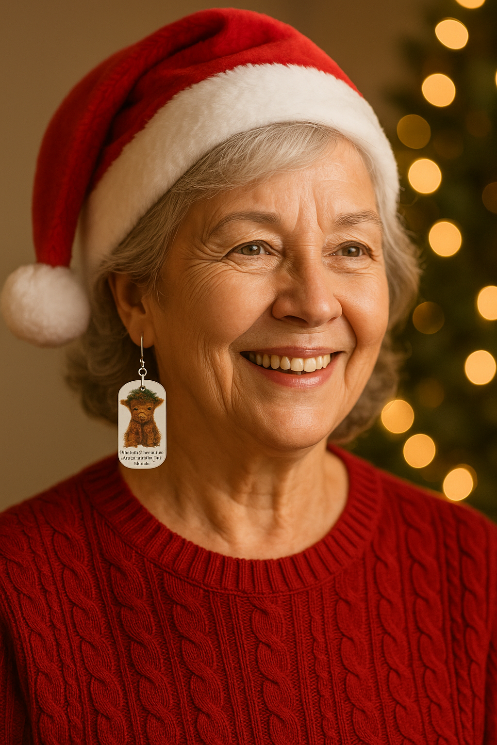 Christian Christmas earrings with Highland cow and Scripture quote “A gentle and quiet spirit” from 1 Peter 3:4