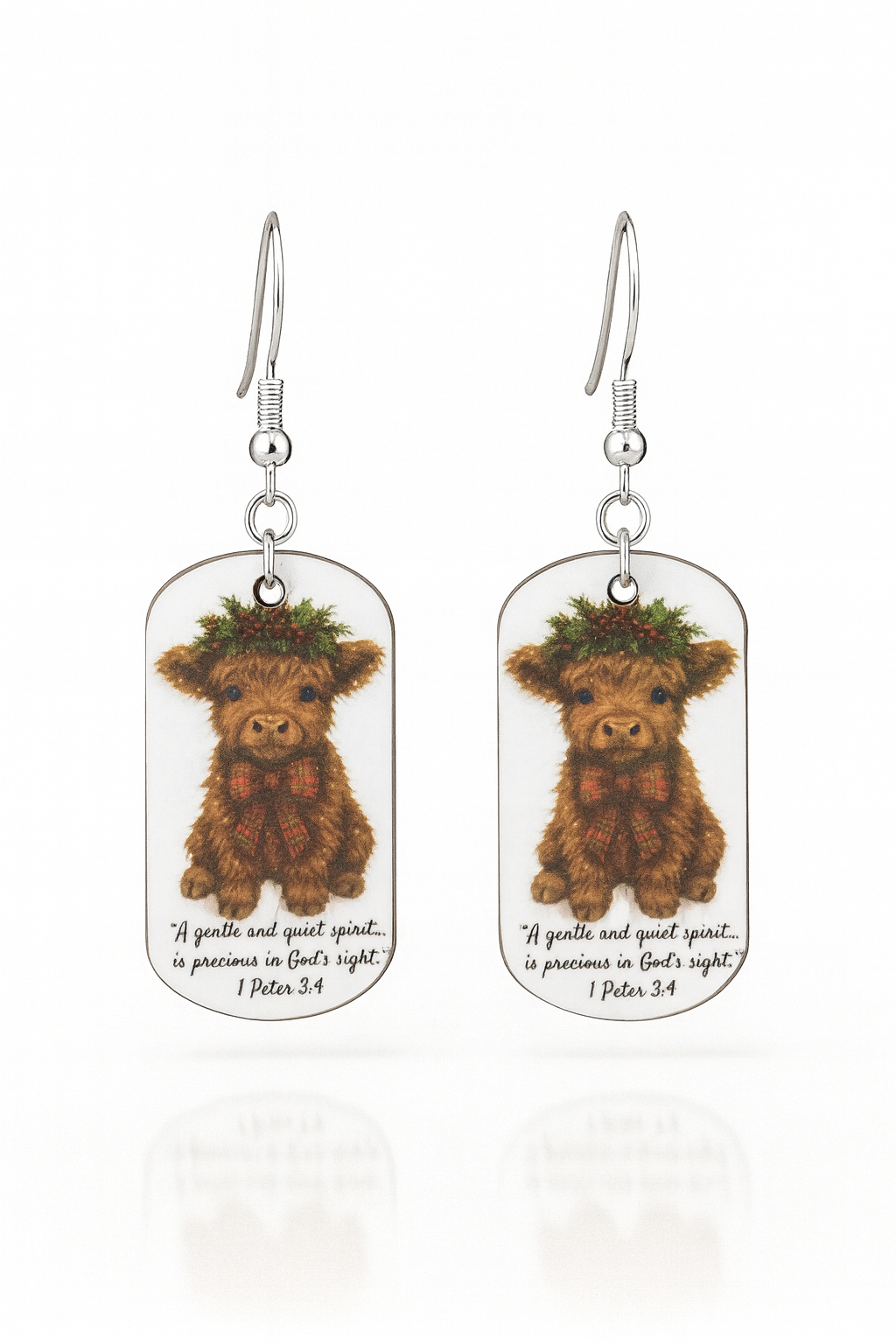Christmas Quiet Spirit Earrings featuring Highland cow design and 1 Peter 3:4 Bible verse – Whittled Grace Gifts