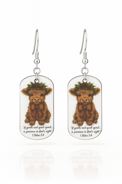 Christmas Quiet Spirit Earrings featuring Highland cow design and 1 Peter 3:4 Bible verse – Whittled Grace Gifts