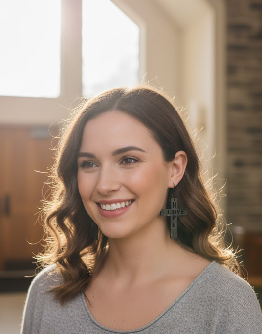 Faith, Hope & Love Earrings by Whittled Grace Gifts — wooden cross earrings with carved “HOPE” and “LOVE” lettering, inspired by 1 Corinthians 13:13.