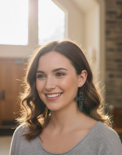 Faith, Hope & Love Earrings by Whittled Grace Gifts — wooden cross earrings with carved “HOPE” and “LOVE” lettering, inspired by 1 Corinthians 13:13.