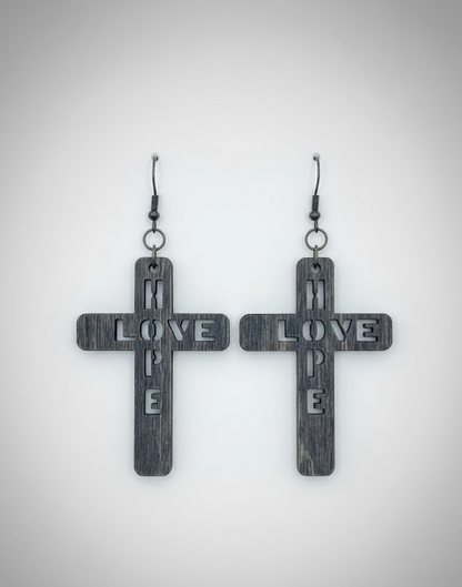 Faith, Hope & Love Earrings by Whittled Grace Gifts — wooden cross earrings with carved “HOPE” and “LOVE” lettering, inspired by 1 Corinthians 13:13.