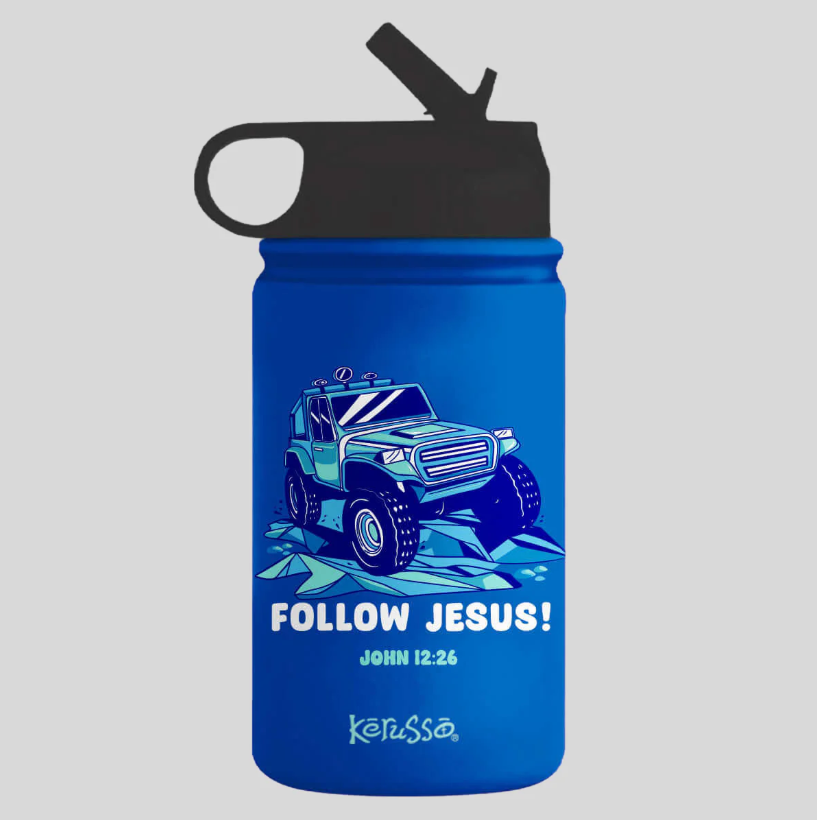 Kids Christian stainless steel sports bottle with Follow Jesus design