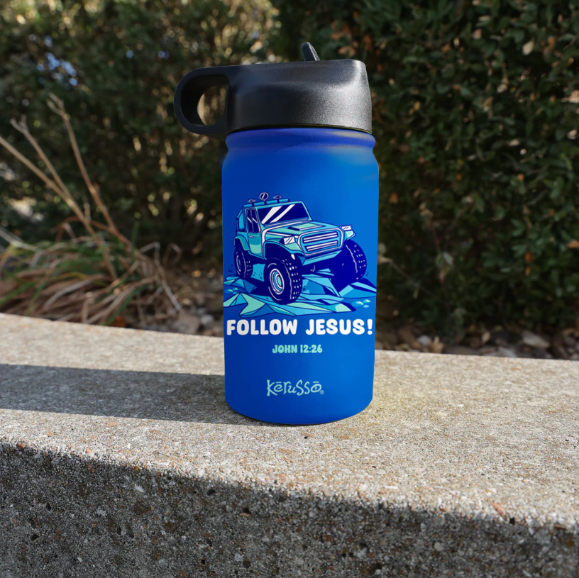 Kids Christian stainless steel sports bottle with Follow Jesus design