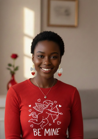 Grace-Tied Hearts Earrings with sparkling crystal bows and red hearts on gold hooks — faith-inspired, hypoallergenic jewelry symbolizing love and grace.