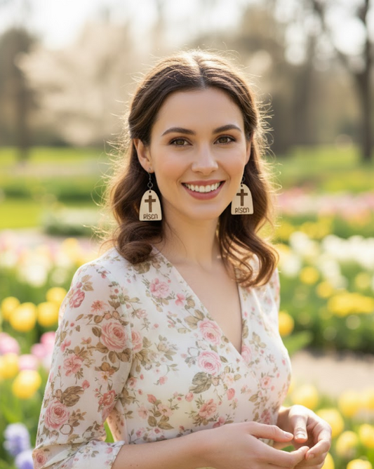 He Is Risen Earrings by Whittled Grace Gifts — wooden cross earrings engraved with the word “RISEN,” inspired by Matthew 28:6, symbolizing resurrection and faith.