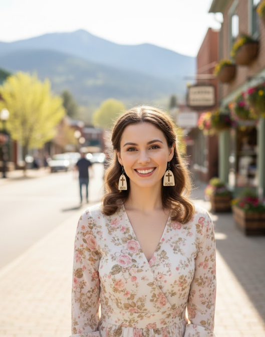 He Is Risen Earrings by Whittled Grace Gifts — wooden cross earrings engraved with the word “RISEN,” inspired by Matthew 28:6, symbolizing resurrection and faith.