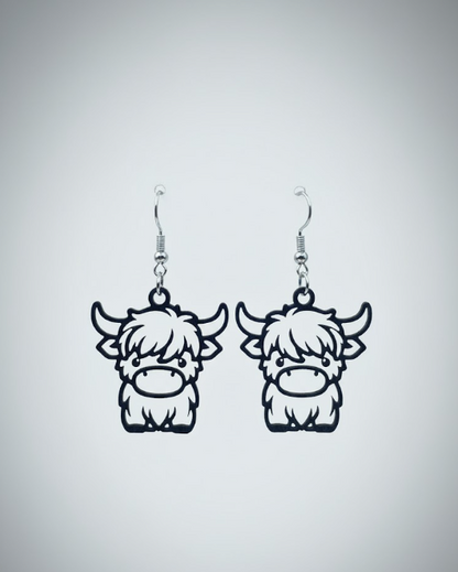 Highland Grace Earrings by Whittled Grace Gifts – rustic highland cow earrings inspired by Psalm 23:2, representing peace, faith, and mountain grace.