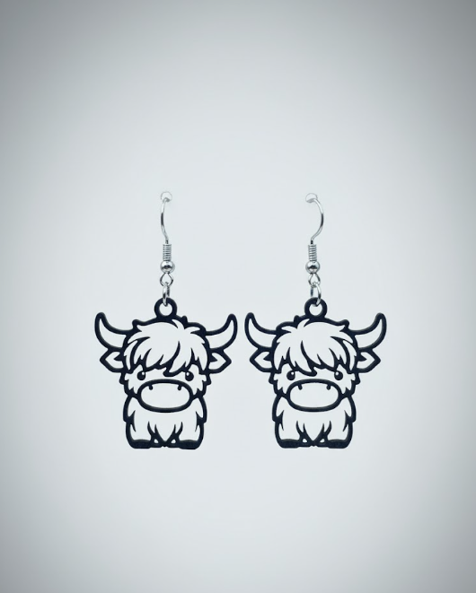 Highland Grace Earrings by Whittled Grace Gifts – rustic highland cow earrings inspired by Psalm 23:2, representing peace, faith, and mountain grace.