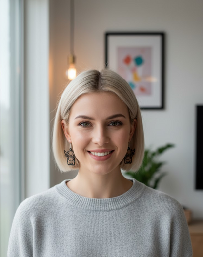 Highland Grace Earrings by Whittled Grace Gifts – rustic highland cow earrings inspired by Psalm 23:2, representing peace, faith, and mountain grace.