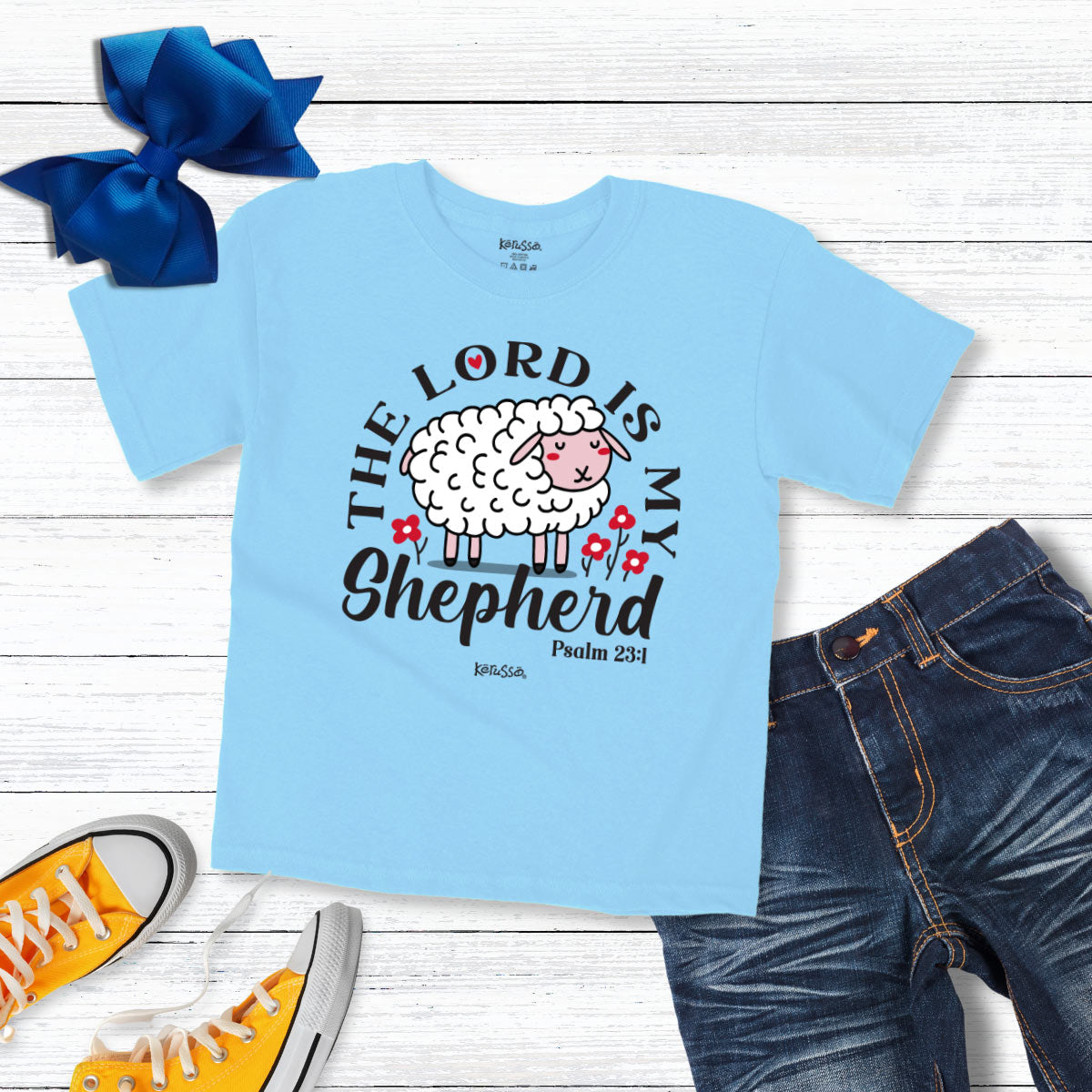 Youth “My Shepherd” Christian T-shirt in light blue featuring a lamb design inspired by Psalm 23