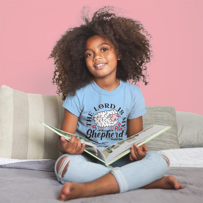 Youth “My Shepherd” Christian T-shirt in light blue featuring a lamb design inspired by Psalm 23