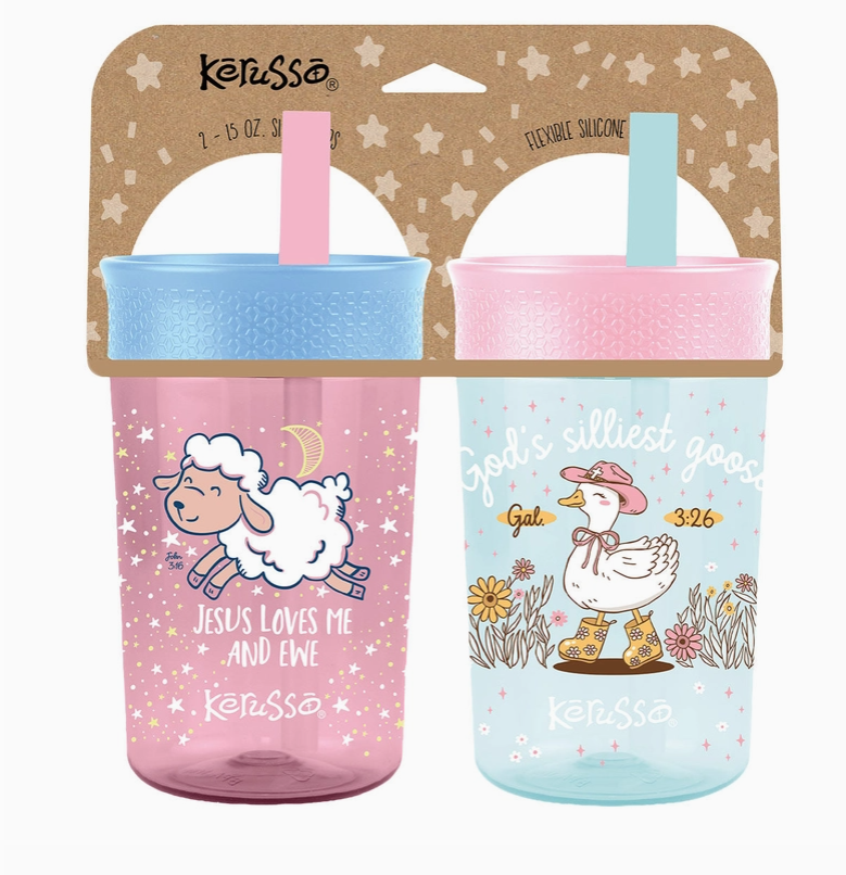 Kerusso Goose and Lamb Christian kids straw cups 2 pack with silicone straw faith drinkware for children