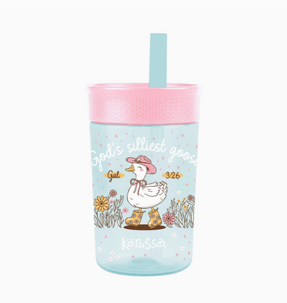 Kerusso Goose and Lamb Christian kids straw cup set with pink and blue lids