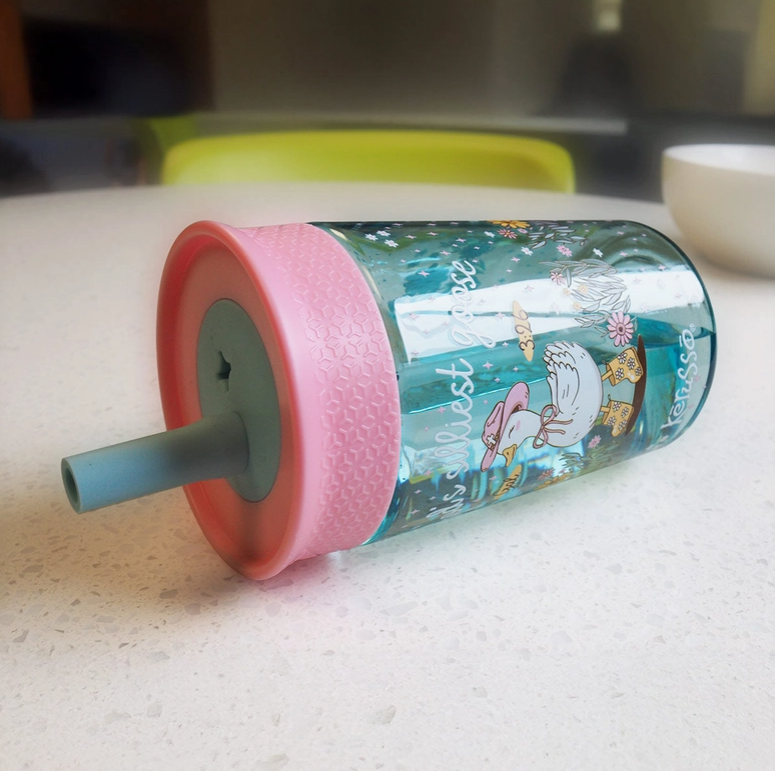 Bottom view of Kerusso kids straw cup lid with silicone straw and spill resistant design