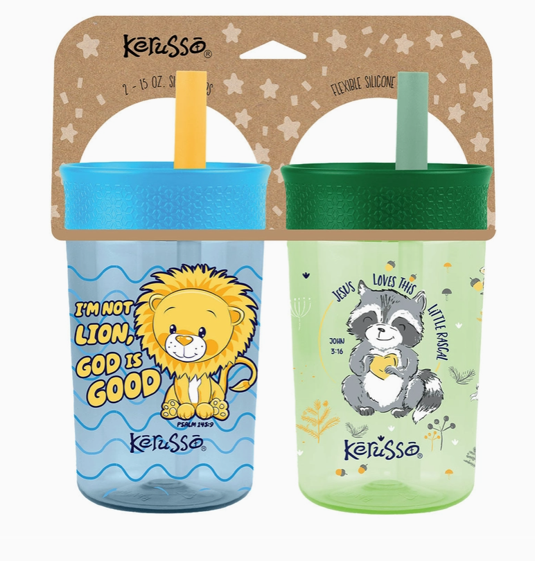 Kerusso raccoon and lion Christian kids straw cups 2 pack with silicone straw faith drinkware for children