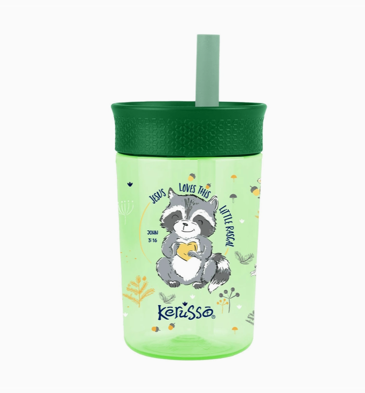 Kerusso Jesus Loves This Little Rascal raccoon kids cup John 3:16 Christian straw cup for children