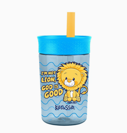 Green Christian kids straw cup with raccoon design Jesus Loves This Little Rascal John 3:16