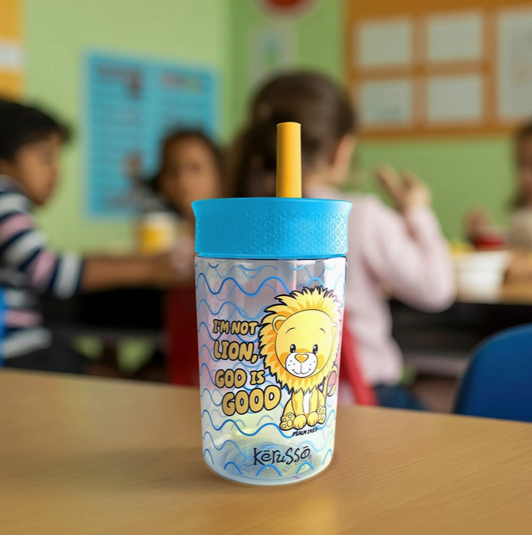 Bottom view of Kerusso kids straw cup lid with silicone straw and spill resistant opening