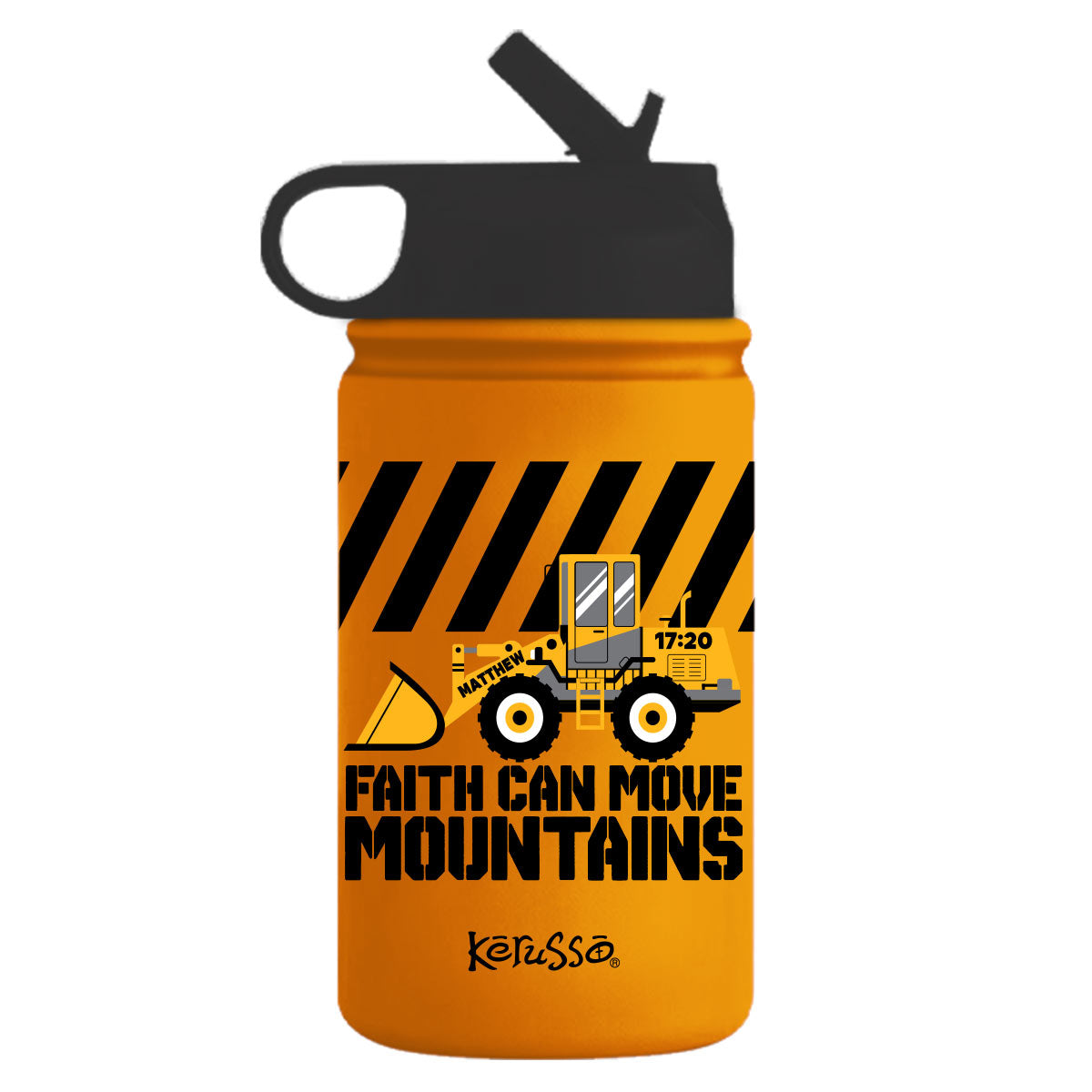 Orange kids Christian sports bottle with Front Loader construction vehicle design