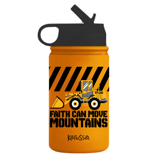 Orange kids Christian sports bottle with Front Loader construction vehicle design