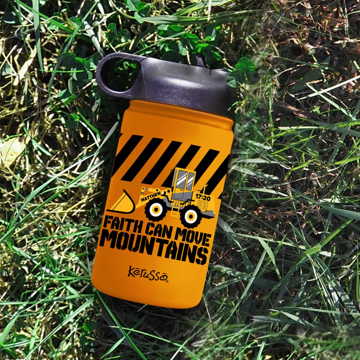 Orange kids Christian sports bottle with Front Loader construction vehicle design