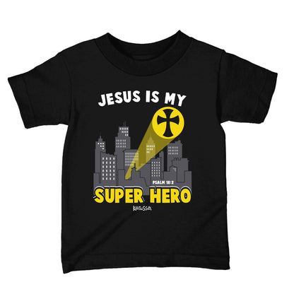 Youth Christian Jesus Super Hero T-shirt in black featuring faith-inspired superhero theme