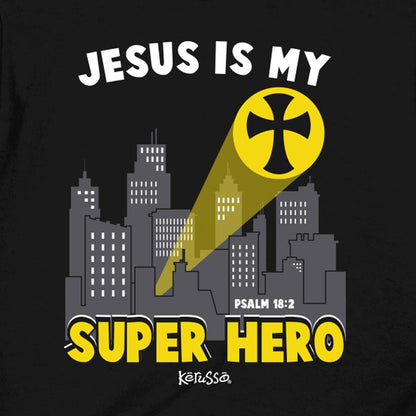 Youth Christian Jesus Super Hero T-shirt in black featuring faith-inspired superhero theme