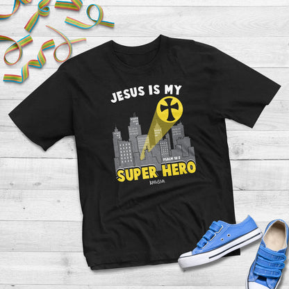 Youth Christian Jesus Super Hero T-shirt in black featuring faith-inspired superhero theme