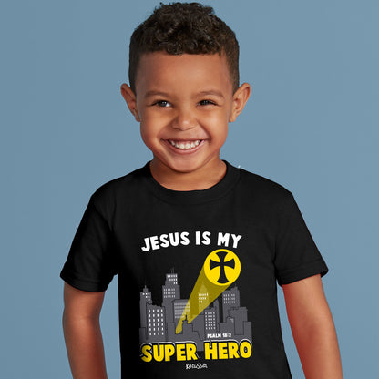 Youth Christian Jesus Super Hero T-shirt in black featuring faith-inspired superhero theme