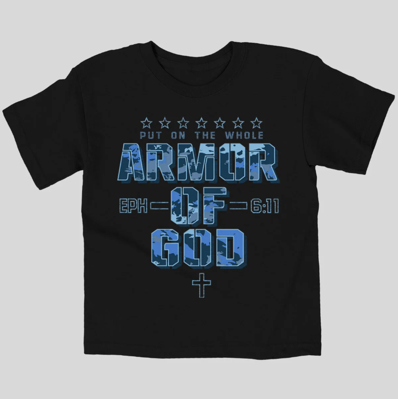 Black youth Christian T-shirt with Armor Camo design inspired by Ephesians 6:11