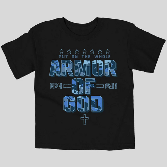 Black youth Christian T-shirt with Armor Camo design inspired by Ephesians 6:11