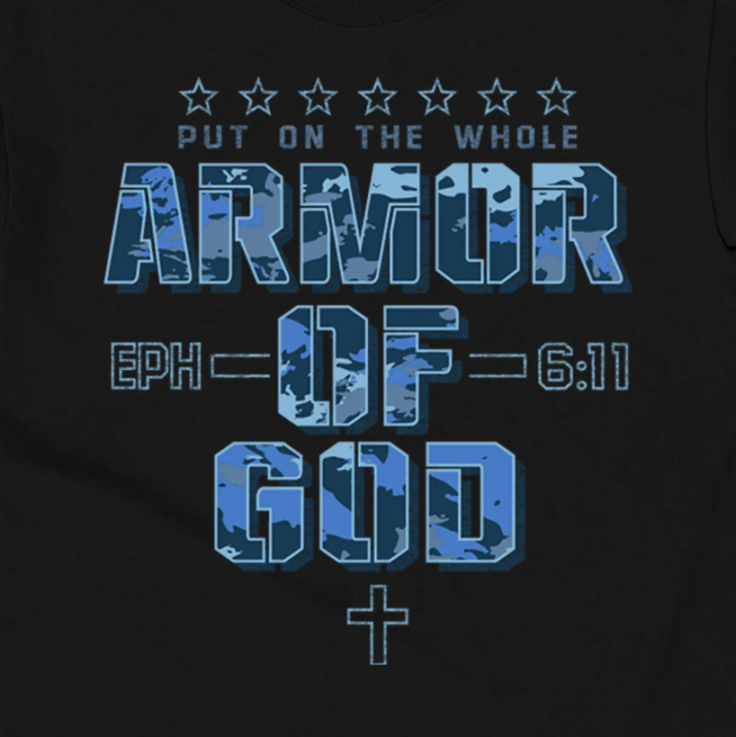 Black youth Christian T-shirt with Armor Camo design inspired by Ephesians 6:11