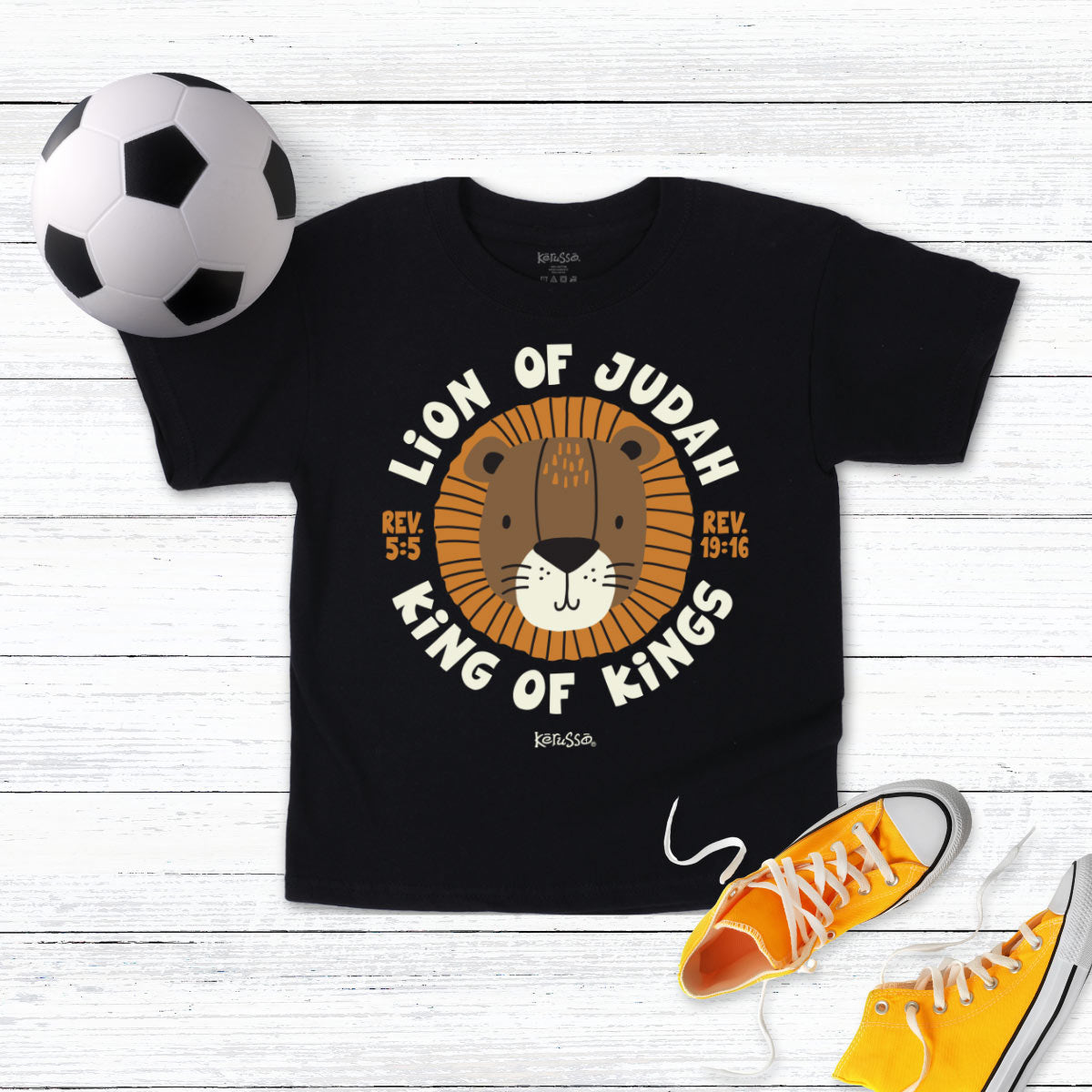 Black youth Christian T-shirt with Lion of Judah design celebrating King Jesus
