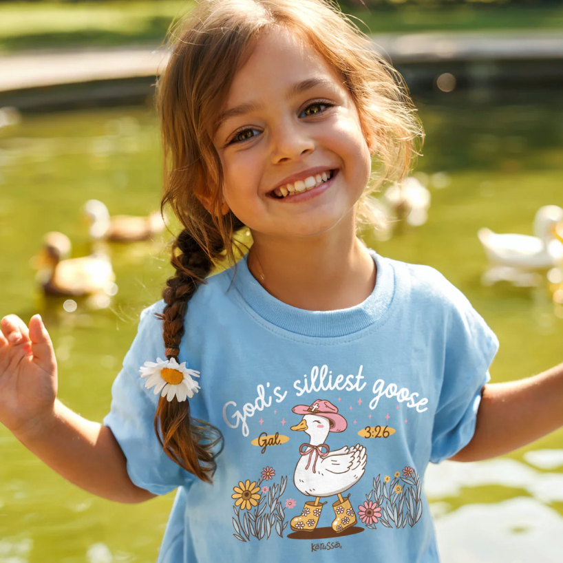 Light blue youth Christian T-shirt with Silly Goose cartoon design inspired by Galatians 3:26