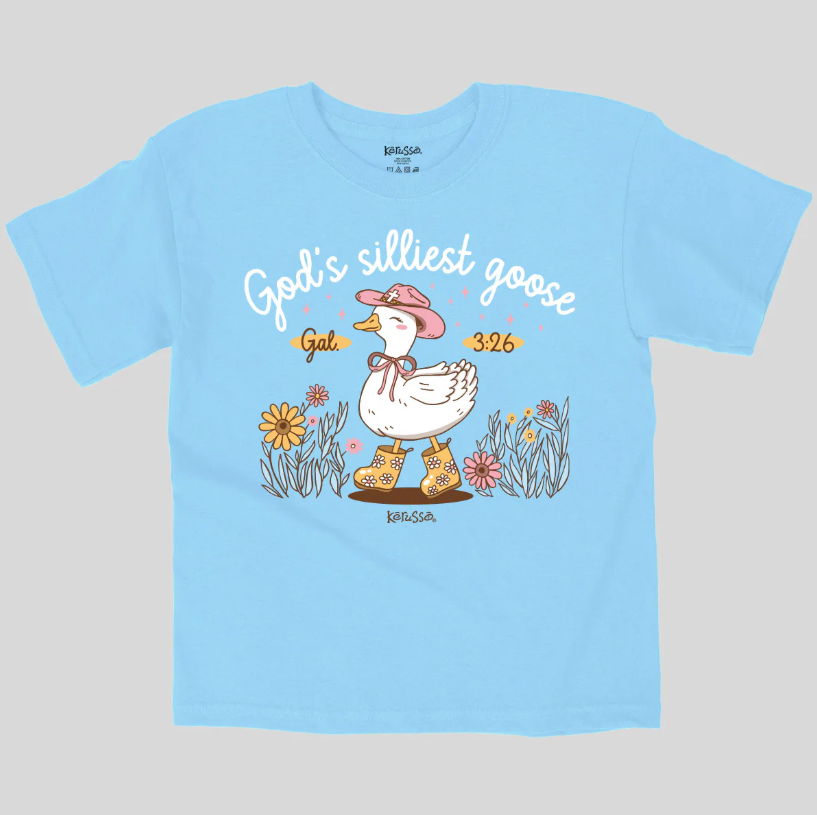 Light blue youth Christian T-shirt with Silly Goose cartoon design inspired by Galatians 3:26