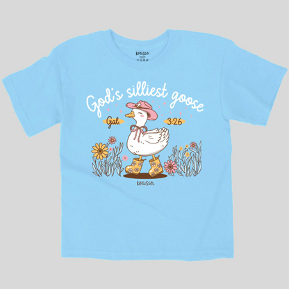 Light blue youth Christian T-shirt with Silly Goose cartoon design inspired by Galatians 3:26