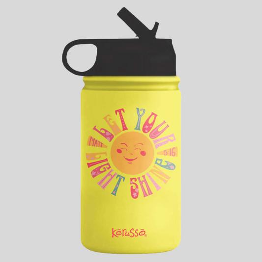 Yellow kids Christian stainless steel sports bottle with Let Your Light Shine design