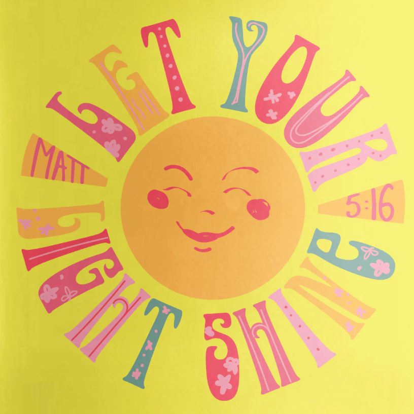 Yellow kids Christian stainless steel sports bottle with Let Your Light Shine design